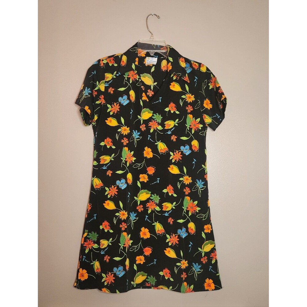 Retro 90s Wildflowers Black Mini Dress with Colorful Florals Size Small?